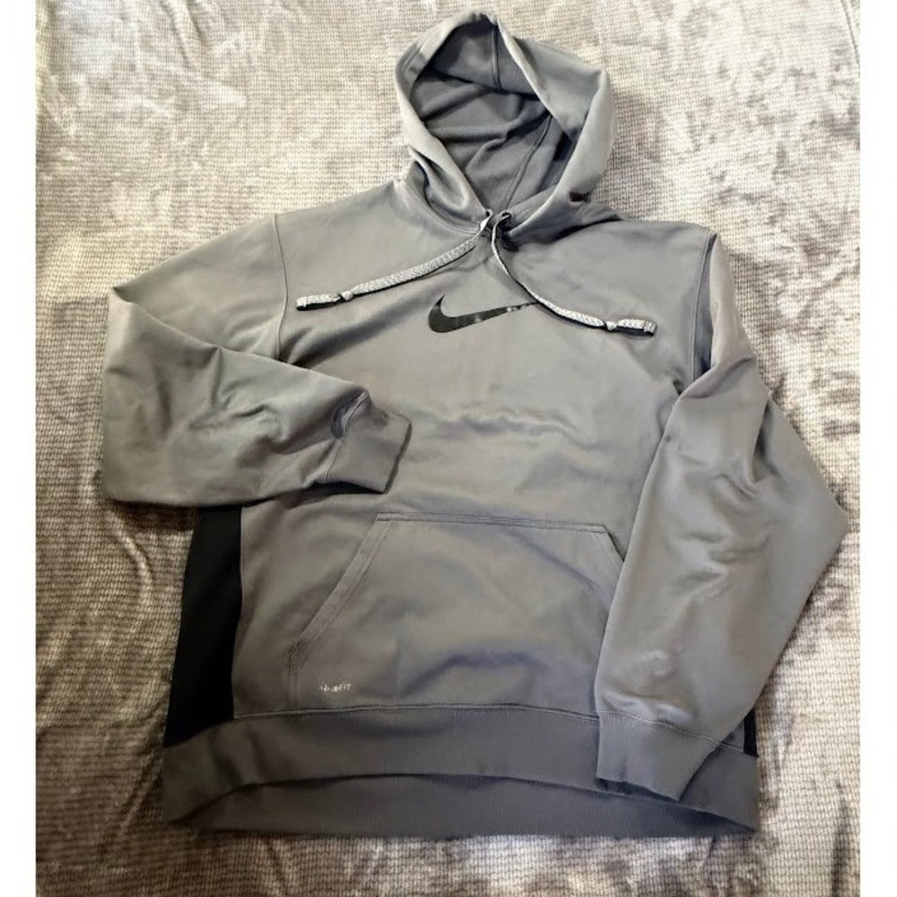 Nike Mens Therma-FIT Hoodie Grey Black Pullover Sweatshirt Size XL Center Swoosh